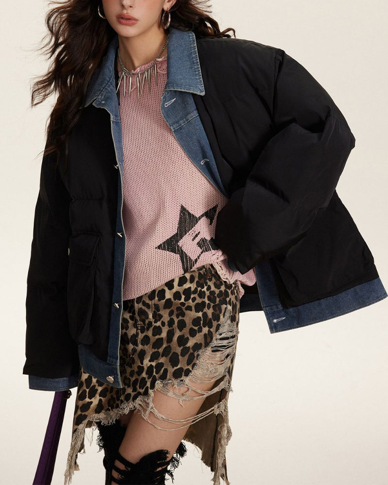 フェイクツーピースデニムパッチワークジャケット