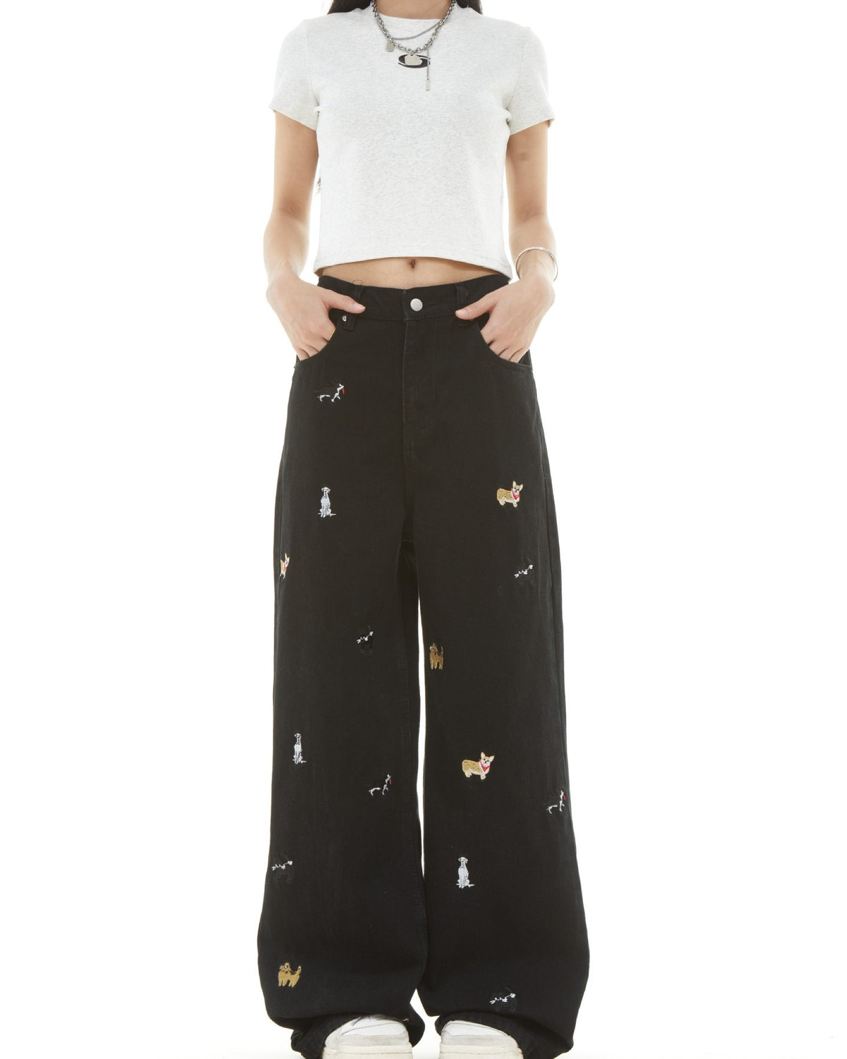 Washed distressed cartoon denim trousers