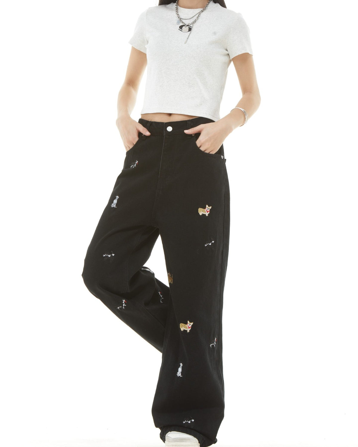 Washed distressed cartoon denim trousers