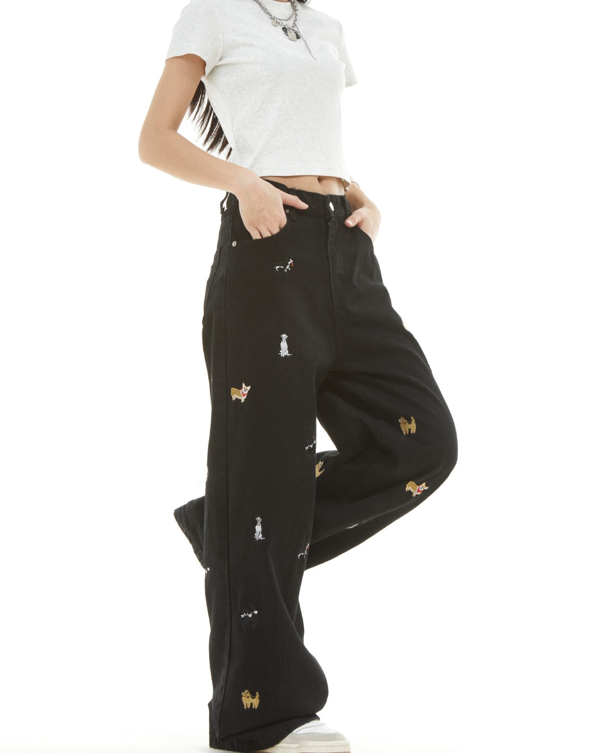 Washed distressed cartoon denim trousers