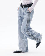 Simple and versatile striped denim trousers