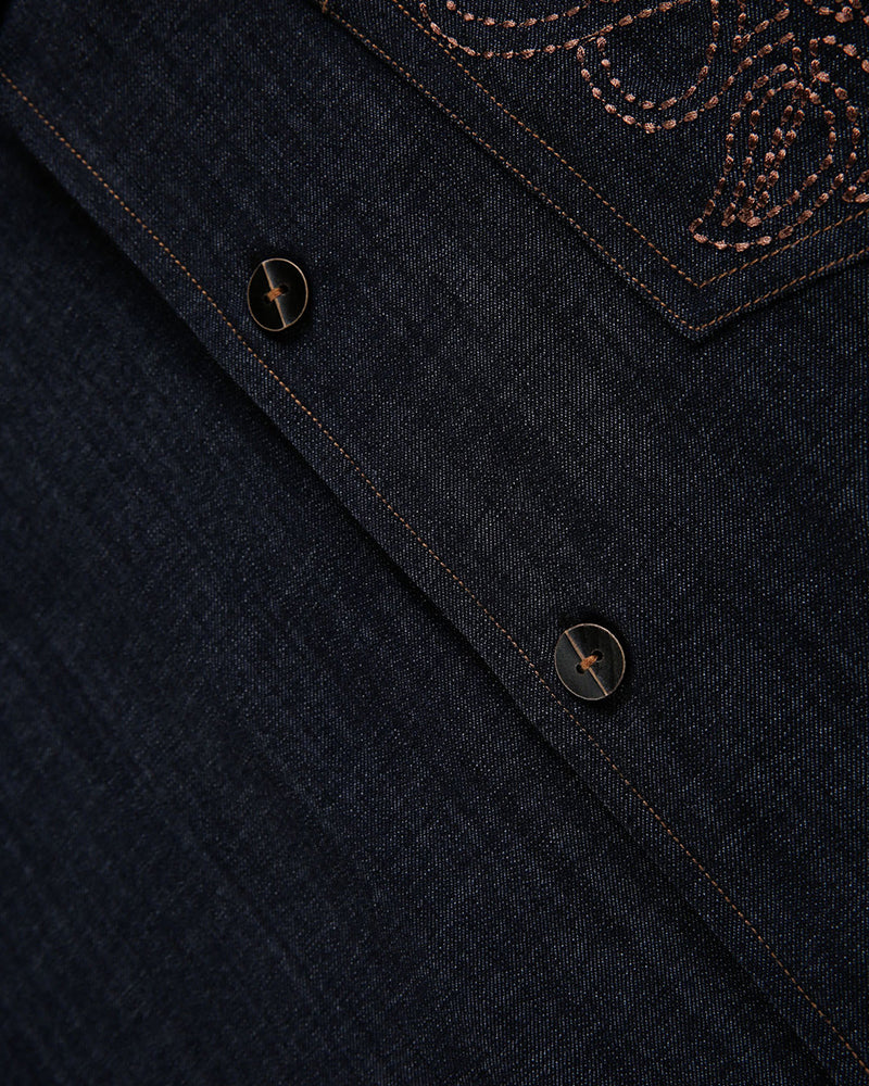 Embroidered Short-Sleeve Denim Shirt