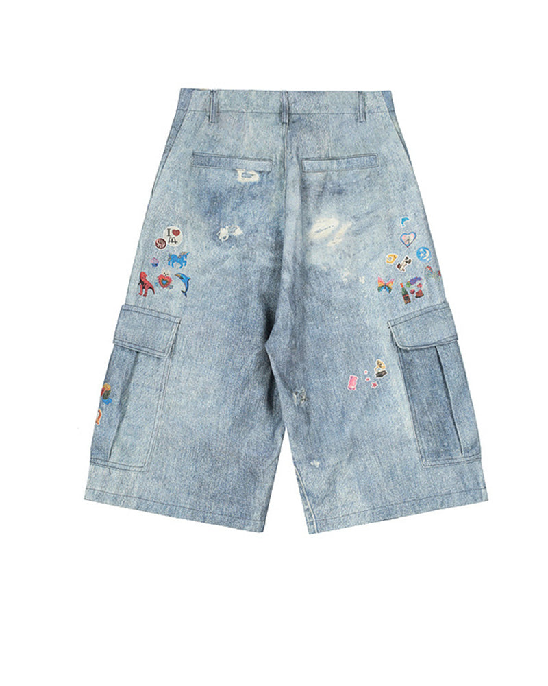 귀여운 디스트레스드 프린트 반바지