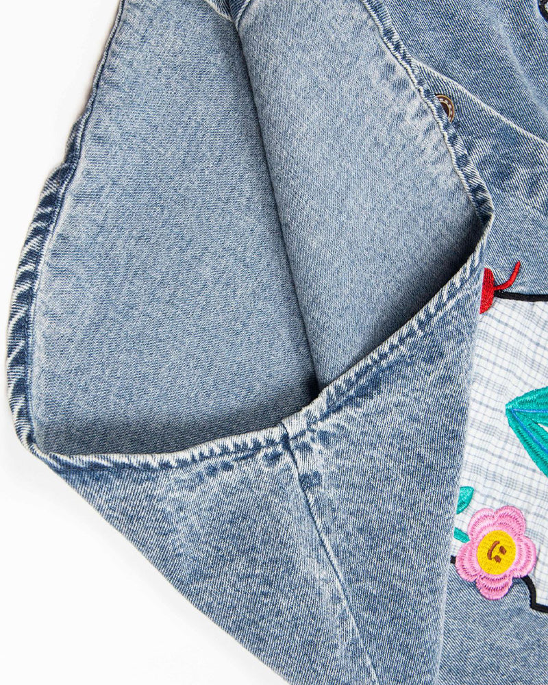 カラーブロックデニム半袖シャツ