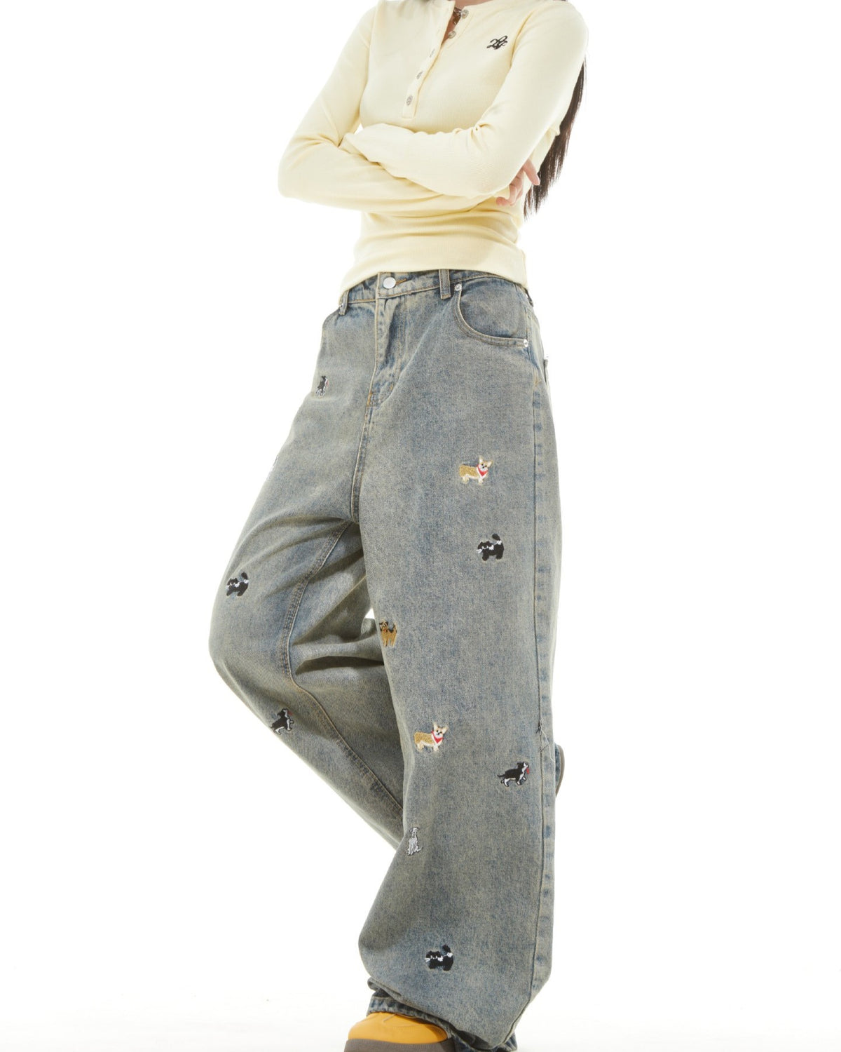 Washed distressed cartoon denim trousers