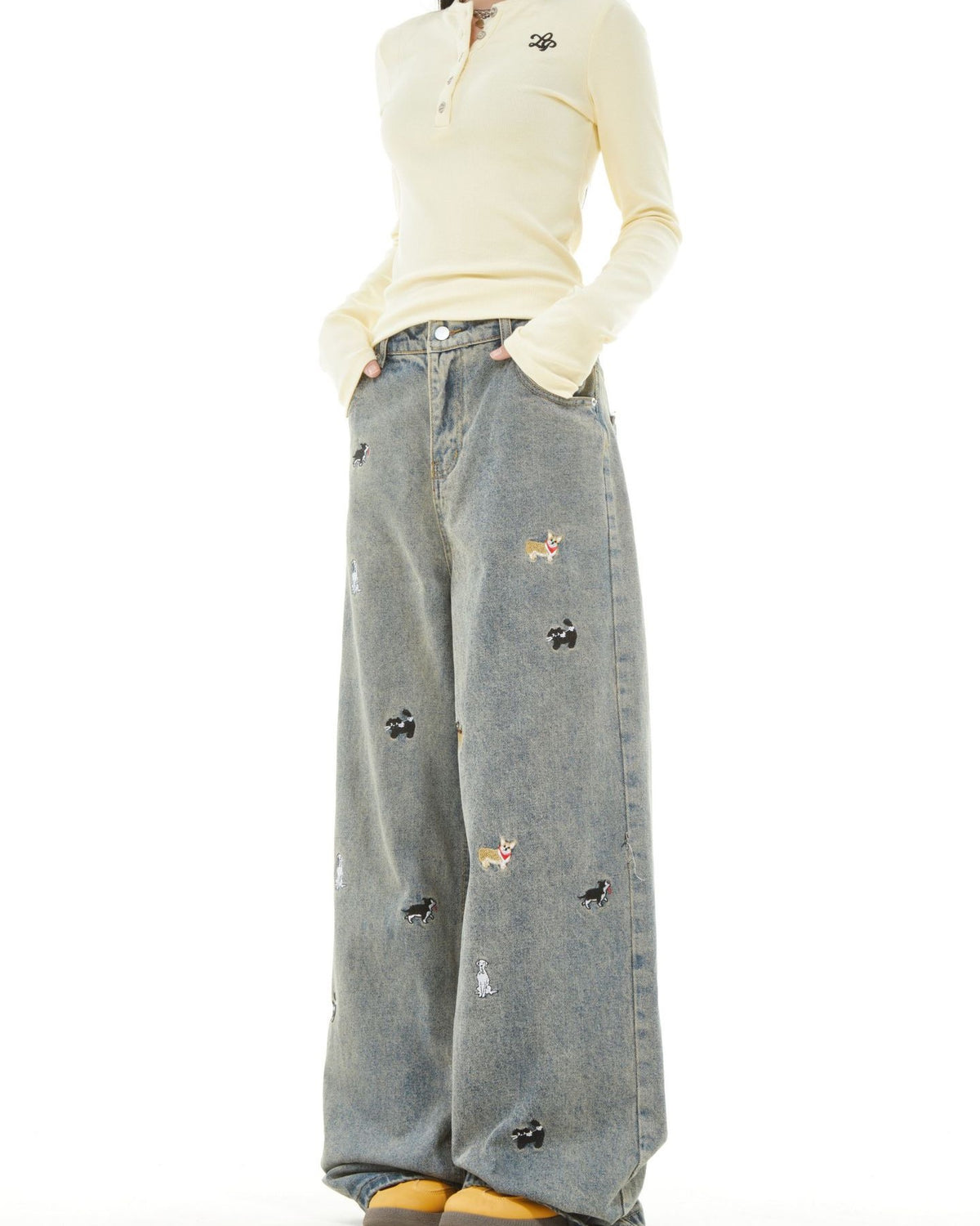 Washed distressed cartoon denim trousers