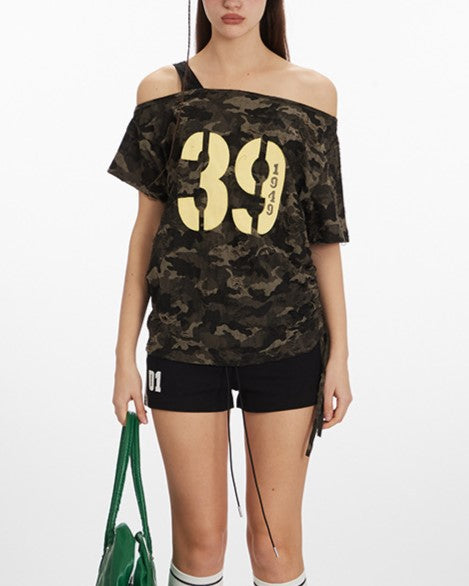 Off-shoulder camouflage short sleeves