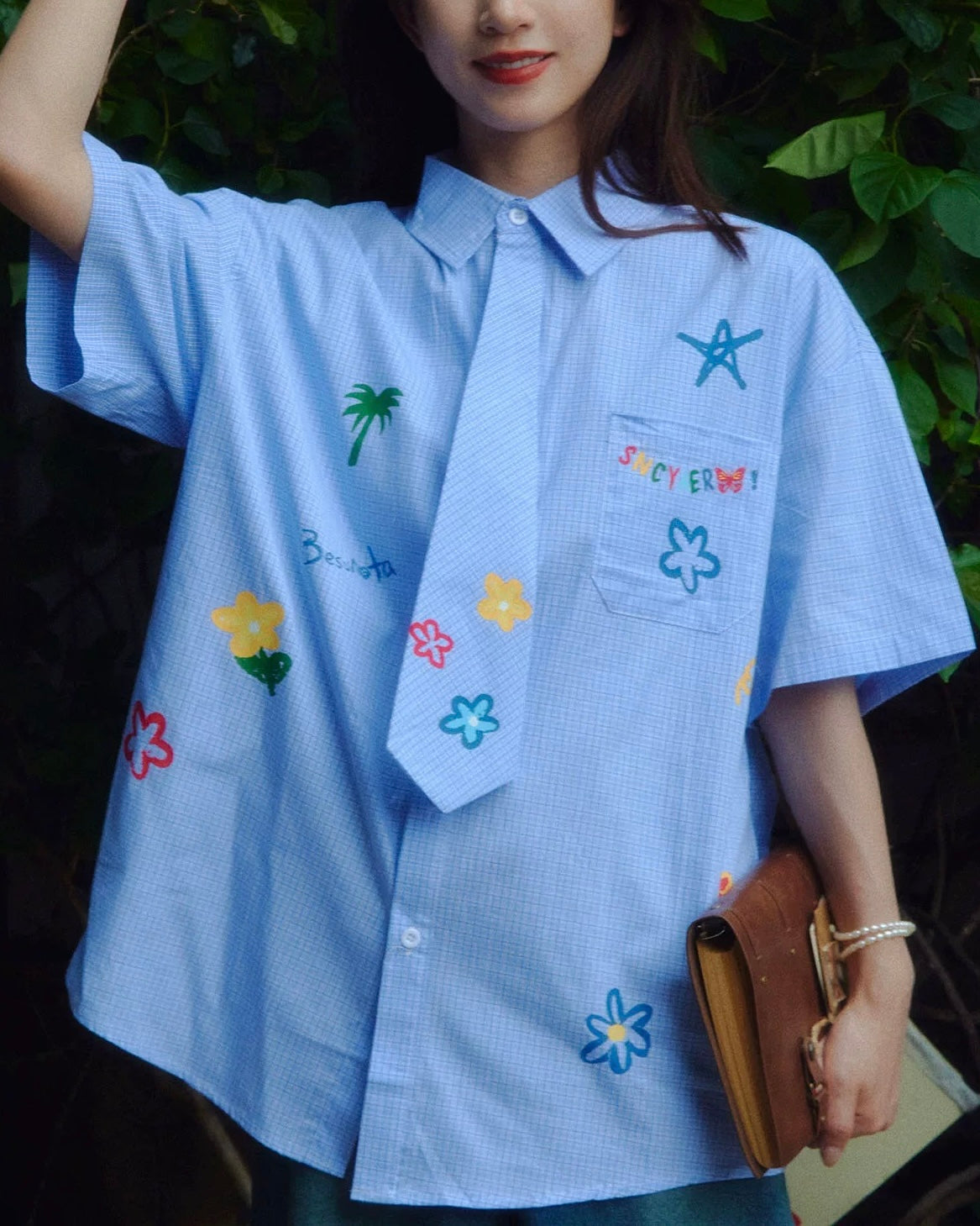 小花柄チェック柄半袖シャツ