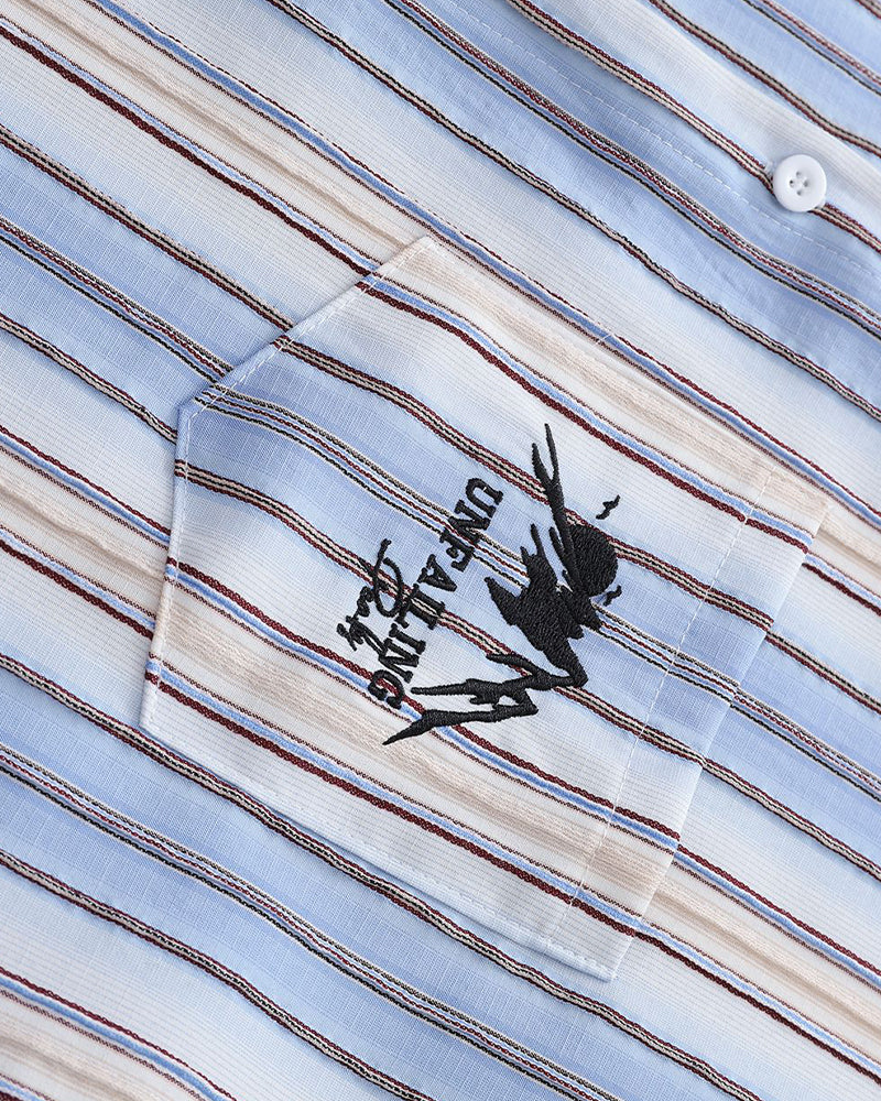 刺繍入りストライプ半袖シャツ