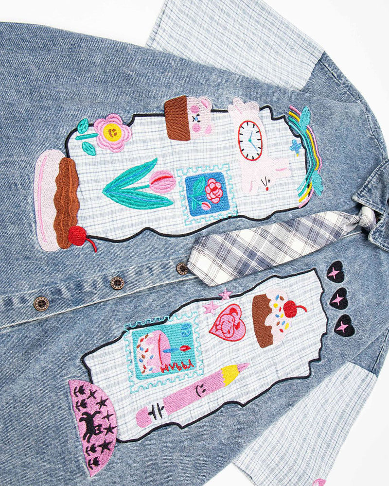 カラーブロックデニム半袖シャツ