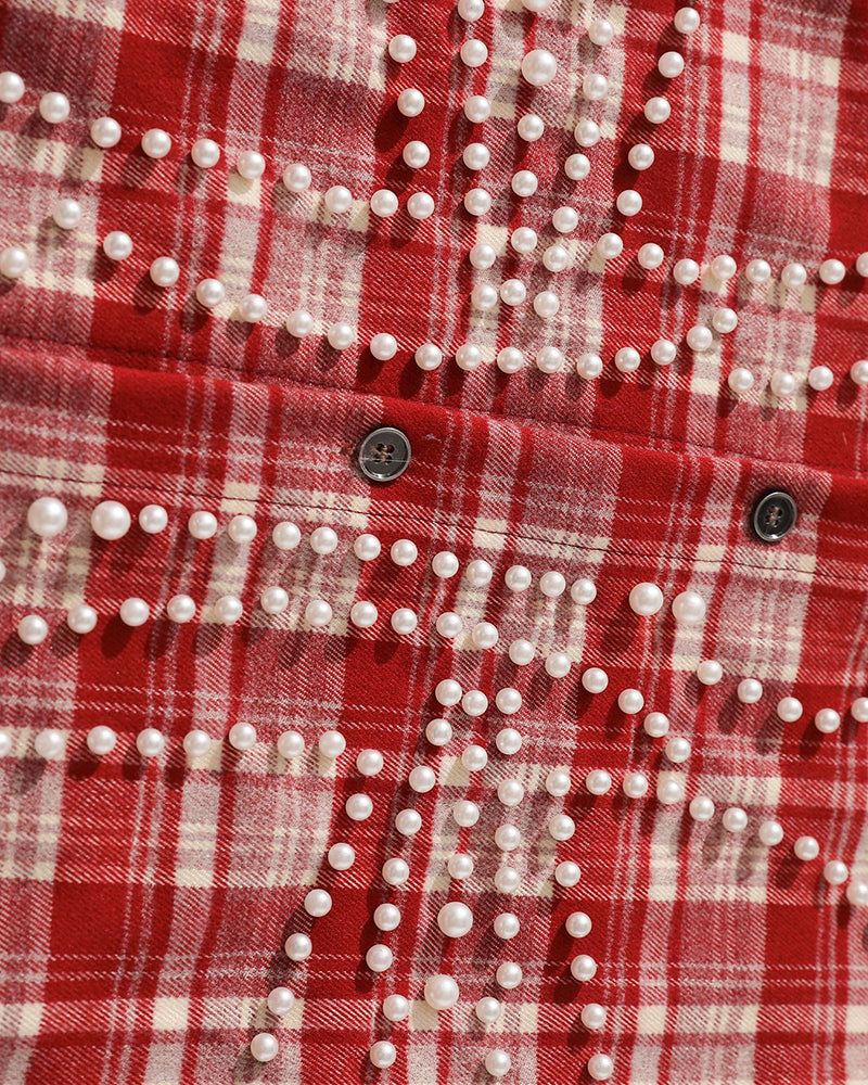 ビーズチェック柄長袖シャツ