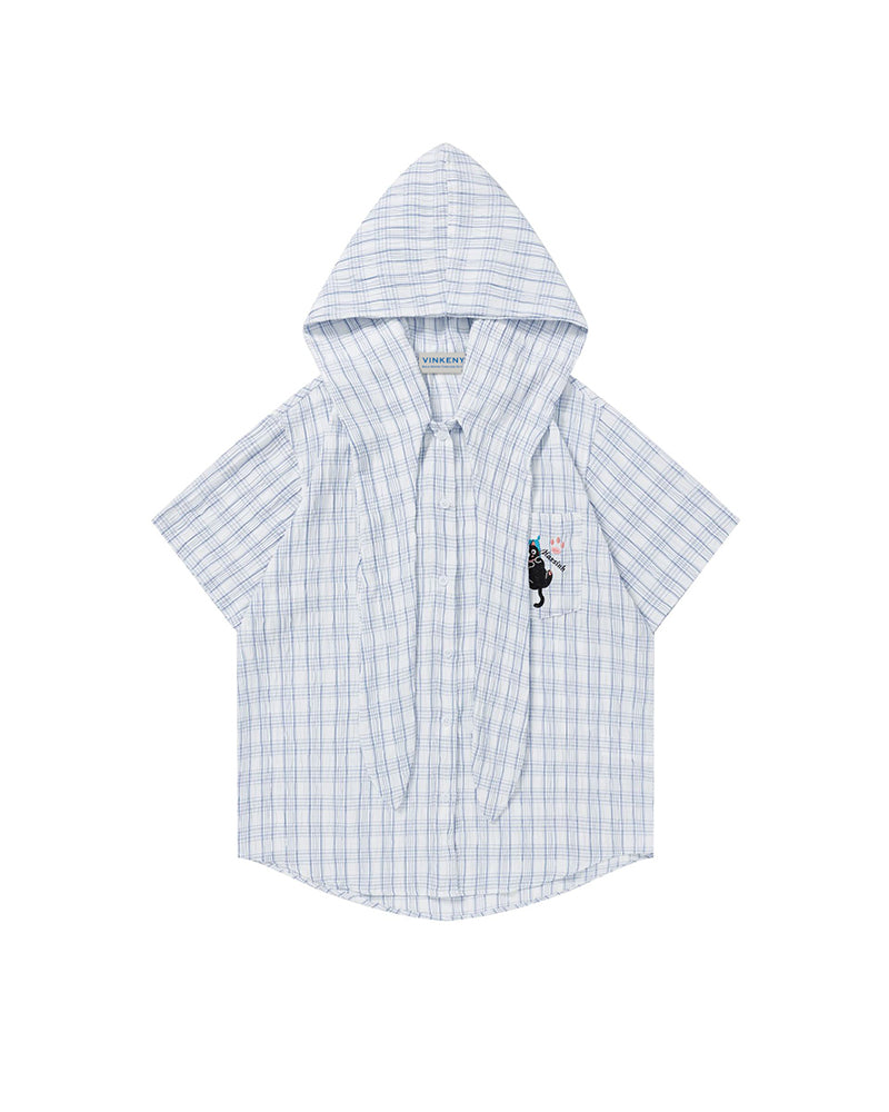 Plaid Short-Sleeve Hooded Shirt