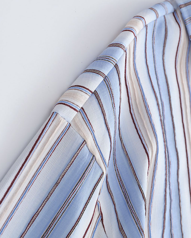 刺繍入りストライプ半袖シャツ