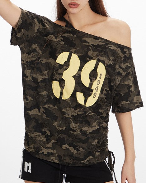 Off-shoulder camouflage short sleeves