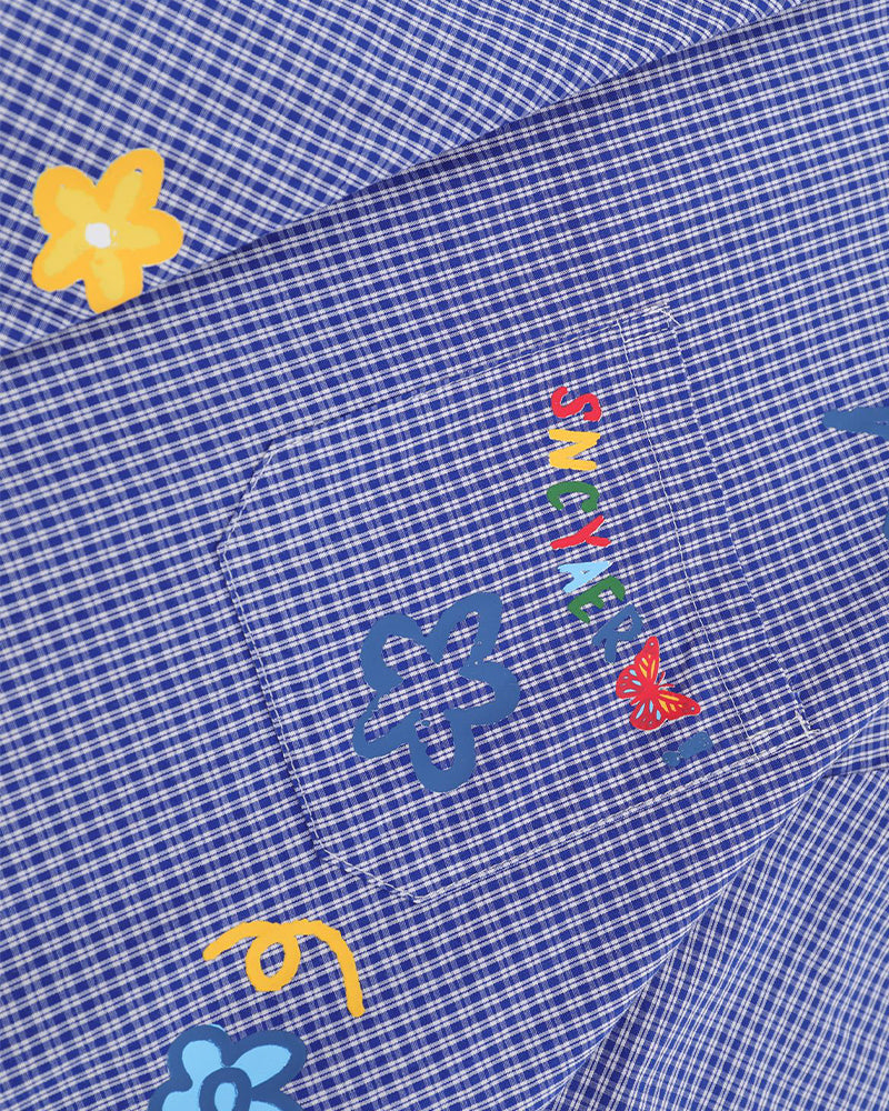 小花柄チェック柄半袖シャツ