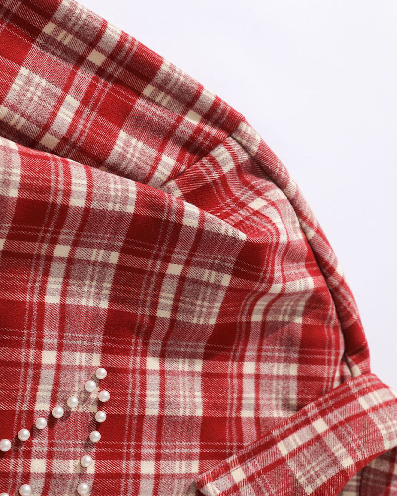 ビーズチェック柄長袖シャツ