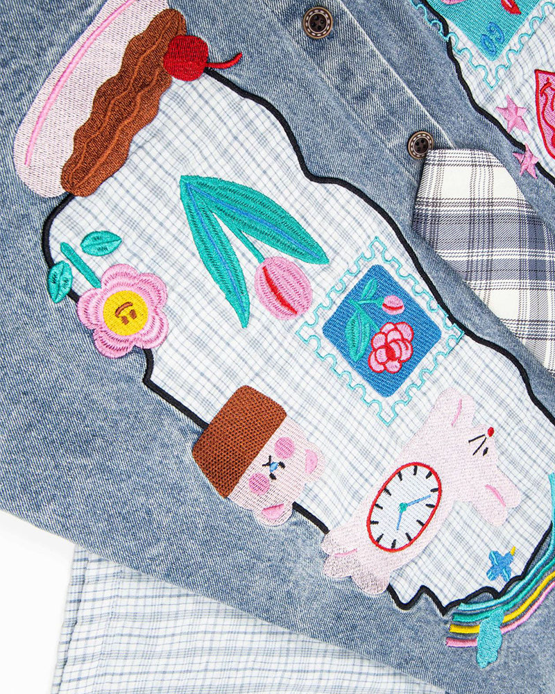 カラーブロックデニム半袖シャツ