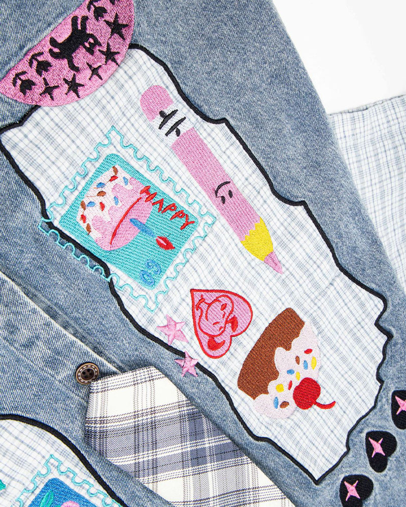 カラーブロックデニム半袖シャツ