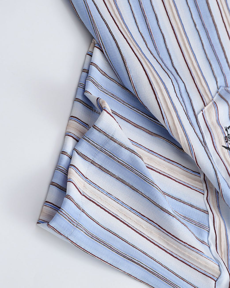 刺繍入りストライプ半袖シャツ