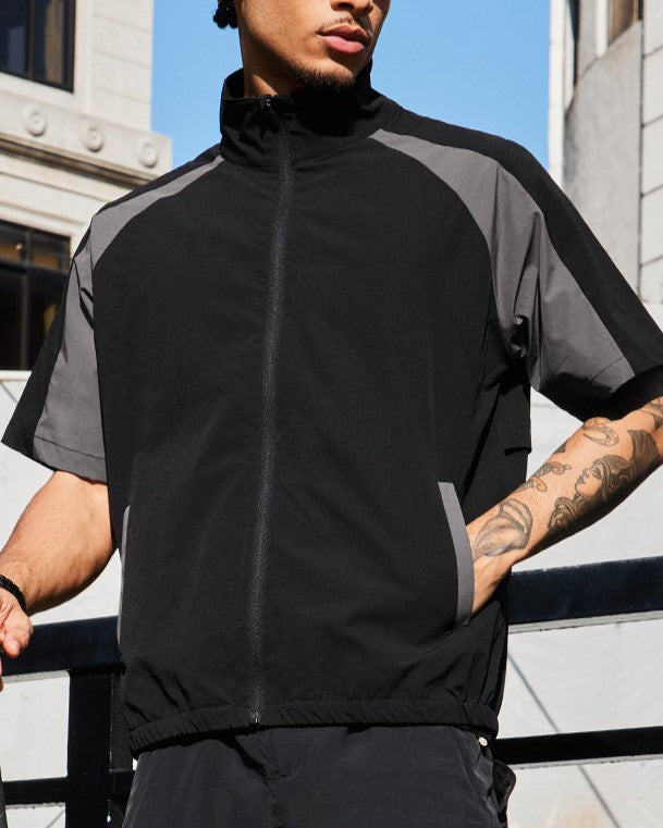 Stand collar colorblock short sleeve jacket