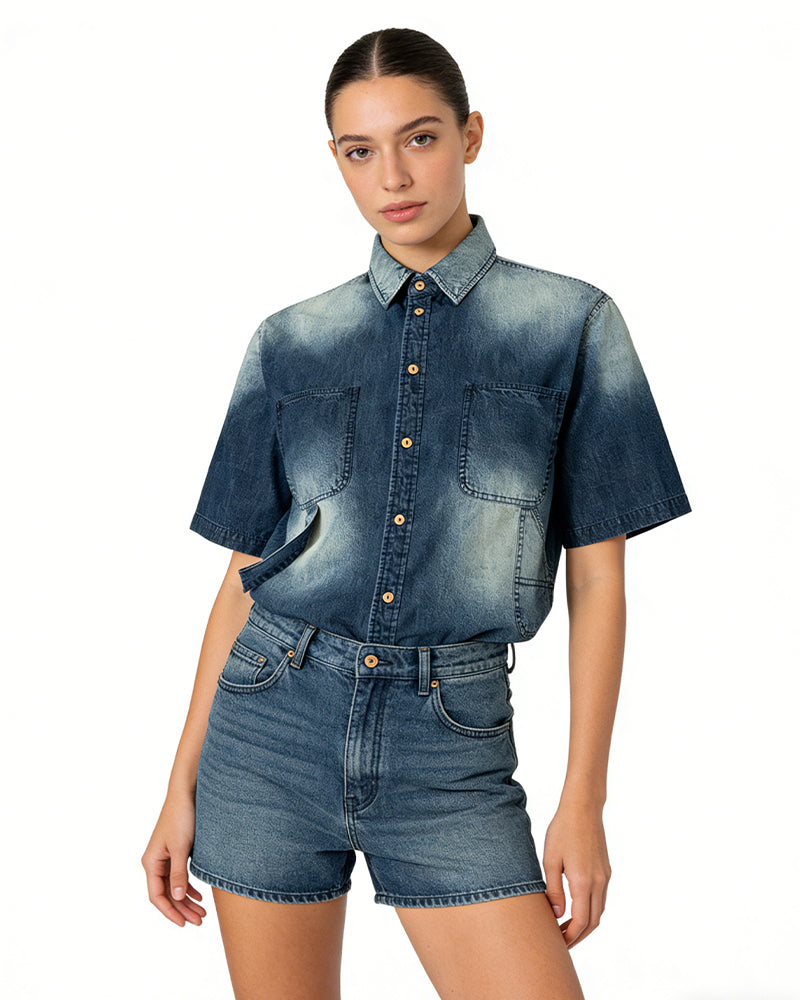 Washed, Distressed Short-Sleeve Shirt