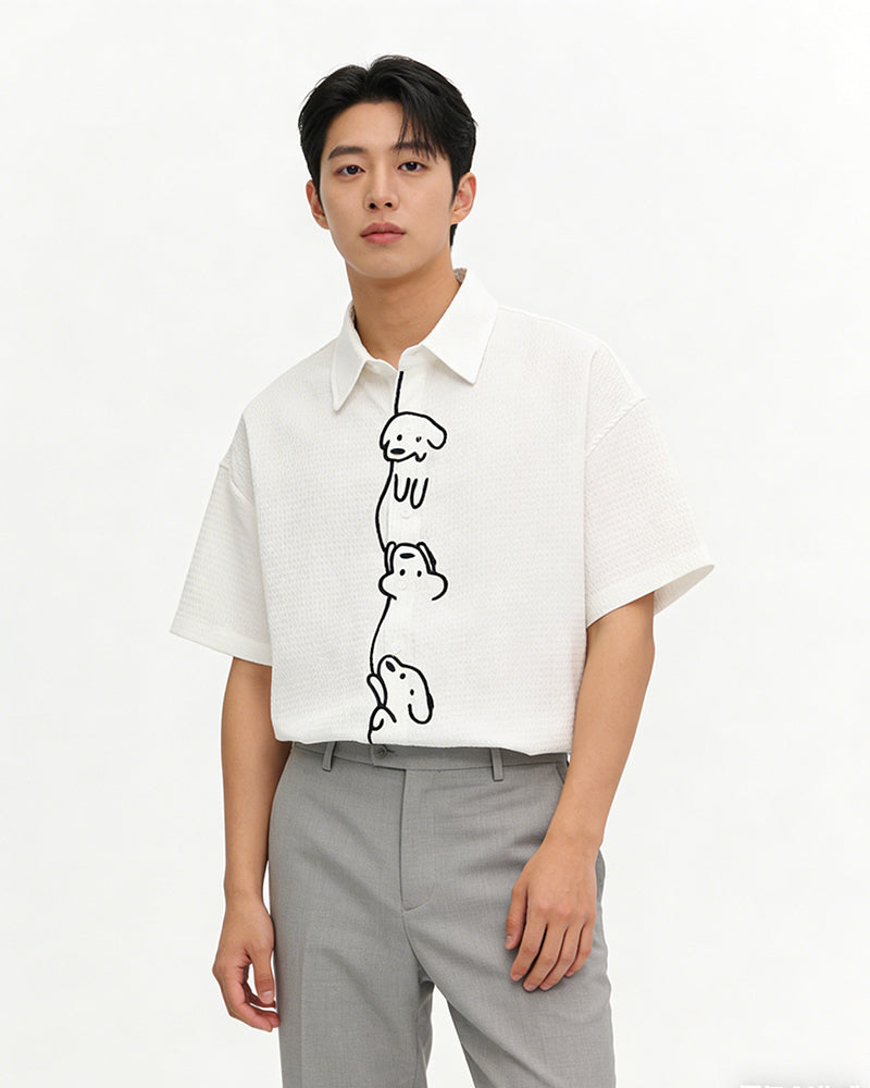 Casual Line-Art Dog Short-Sleeve Shirt
