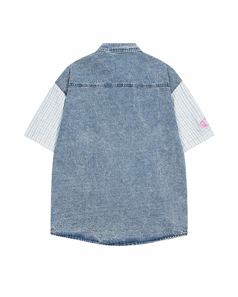 カラーブロックデニム半袖シャツ