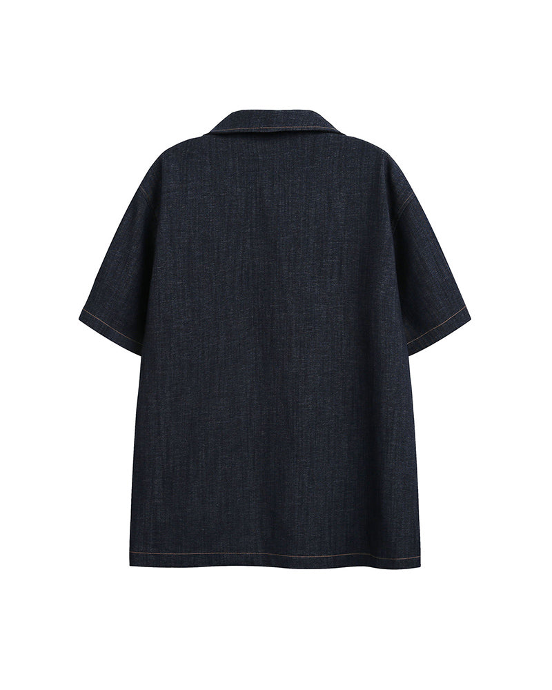 Embroidered Short-Sleeve Denim Shirt