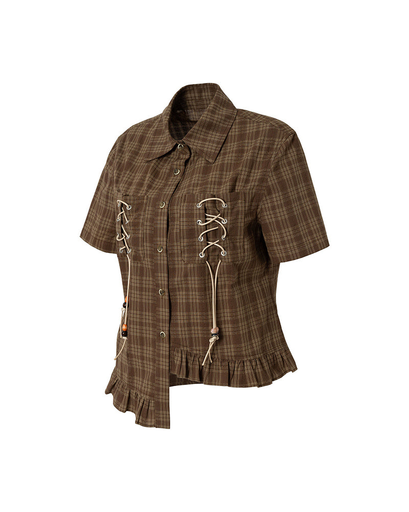 Plaid Short-Sleeve Shirt with Tie Details