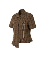 Plaid Short-Sleeve Shirt with Tie Details