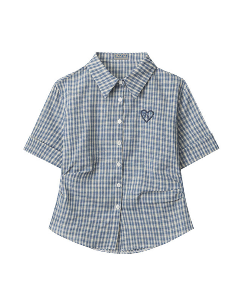 허리 캐주얼 플레드 반팔 셔츠