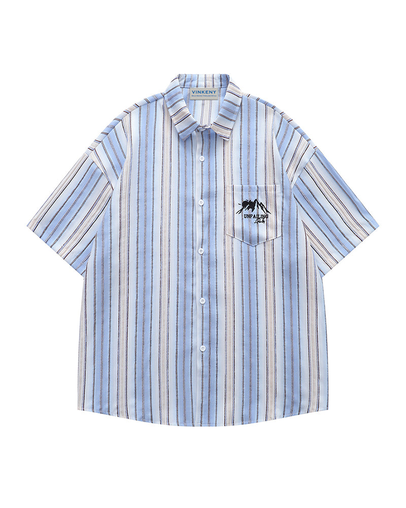 刺繍入りストライプ半袖シャツ