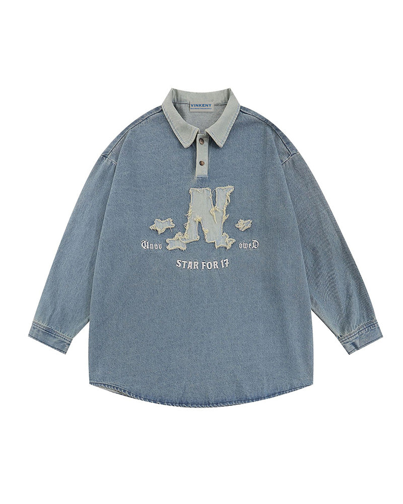 コントラストカラーデニムポロトップ