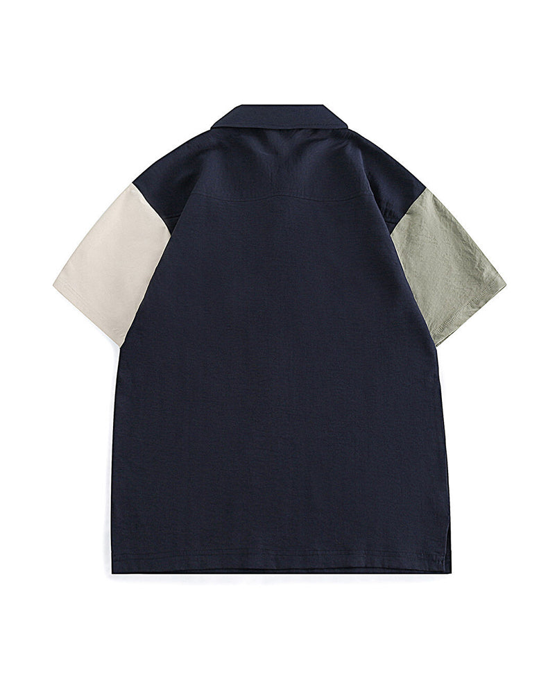パッチワーク半袖ワークシャツ