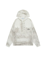 ヴィンテージ風のダメージ加工フード付きスウェットシャツ