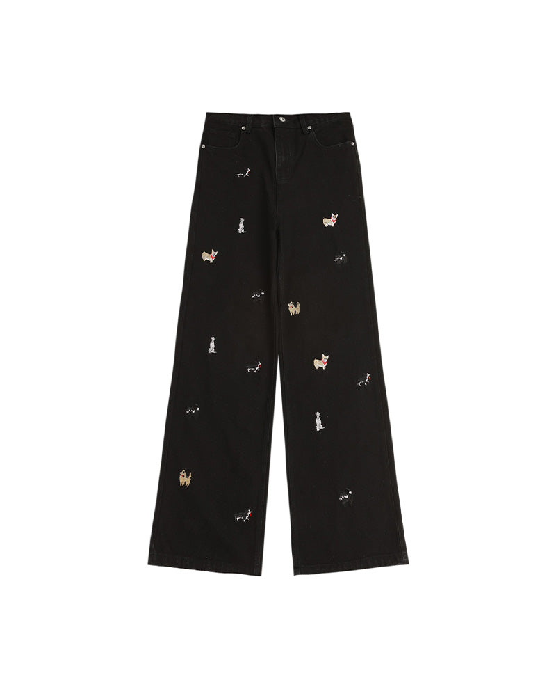 Washed distressed cartoon denim trousers