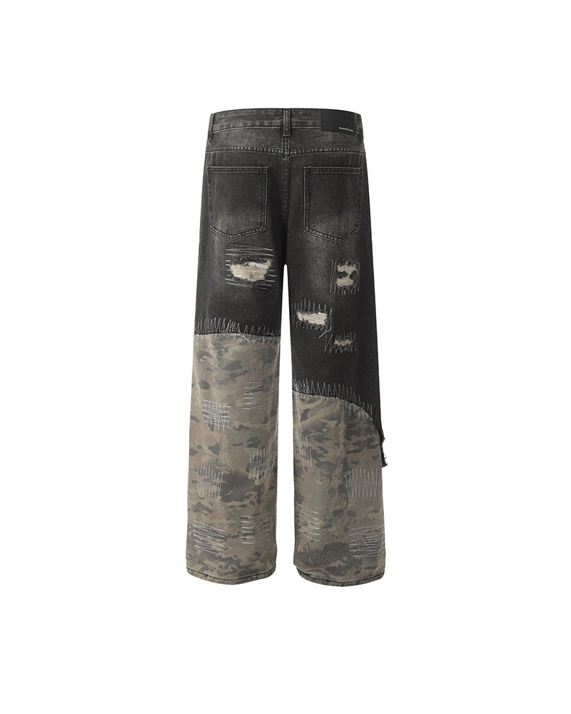 迷彩パッチワークストレートレッグパンツ