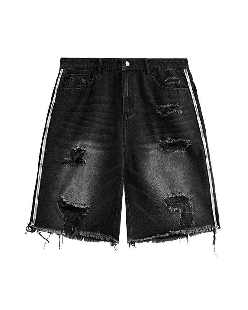 カラーブロックの破れたデニムショートパンツ