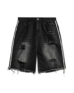 カラーブロックの破れたデニムショートパンツ