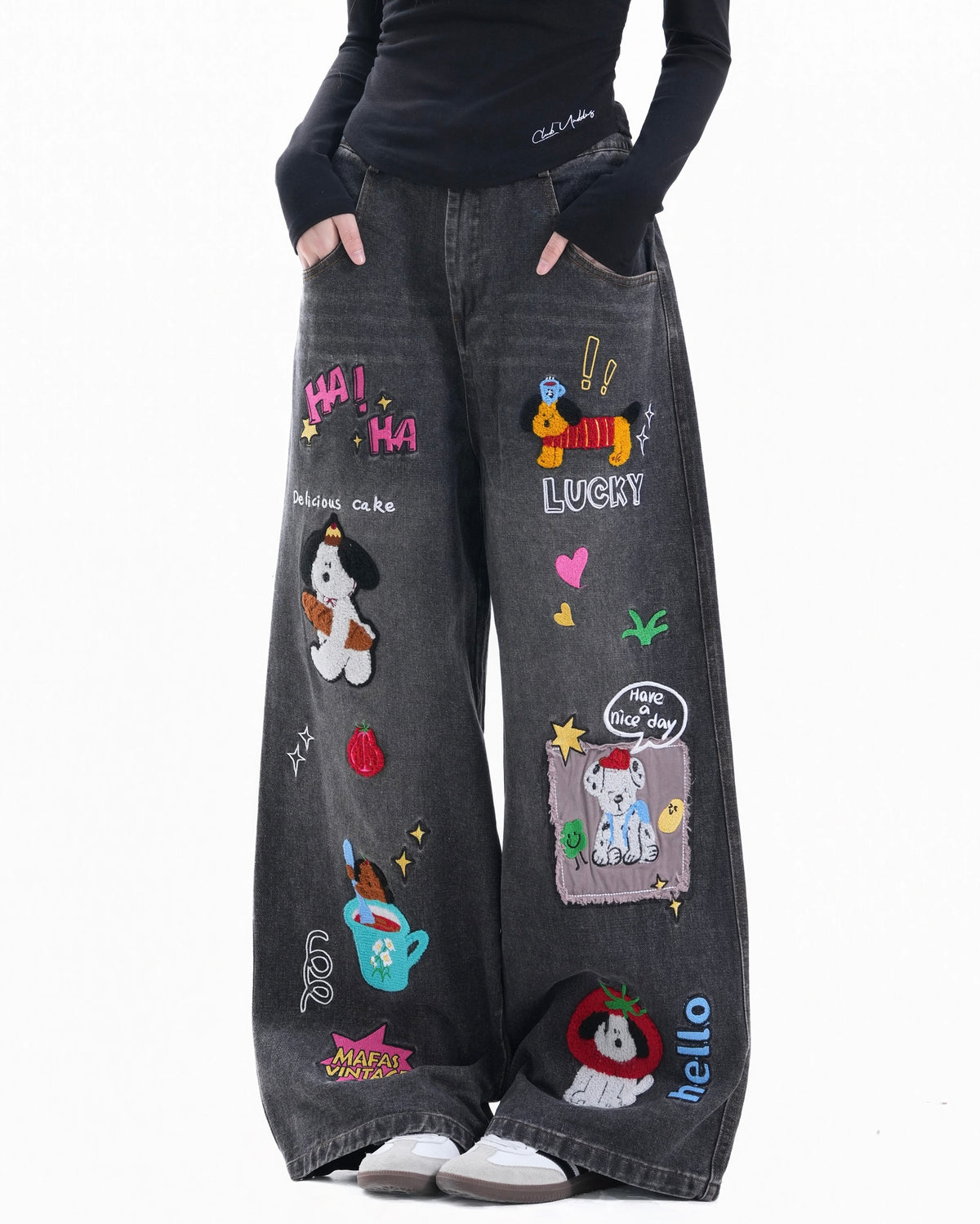 Cartoon washed straight jeans