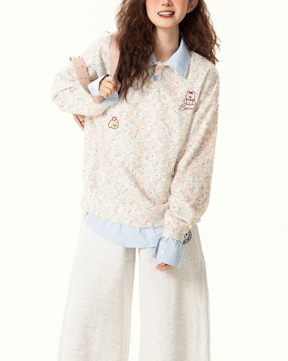 継ぎ合わせたフェイクツーピースラペルスウェットシャツ