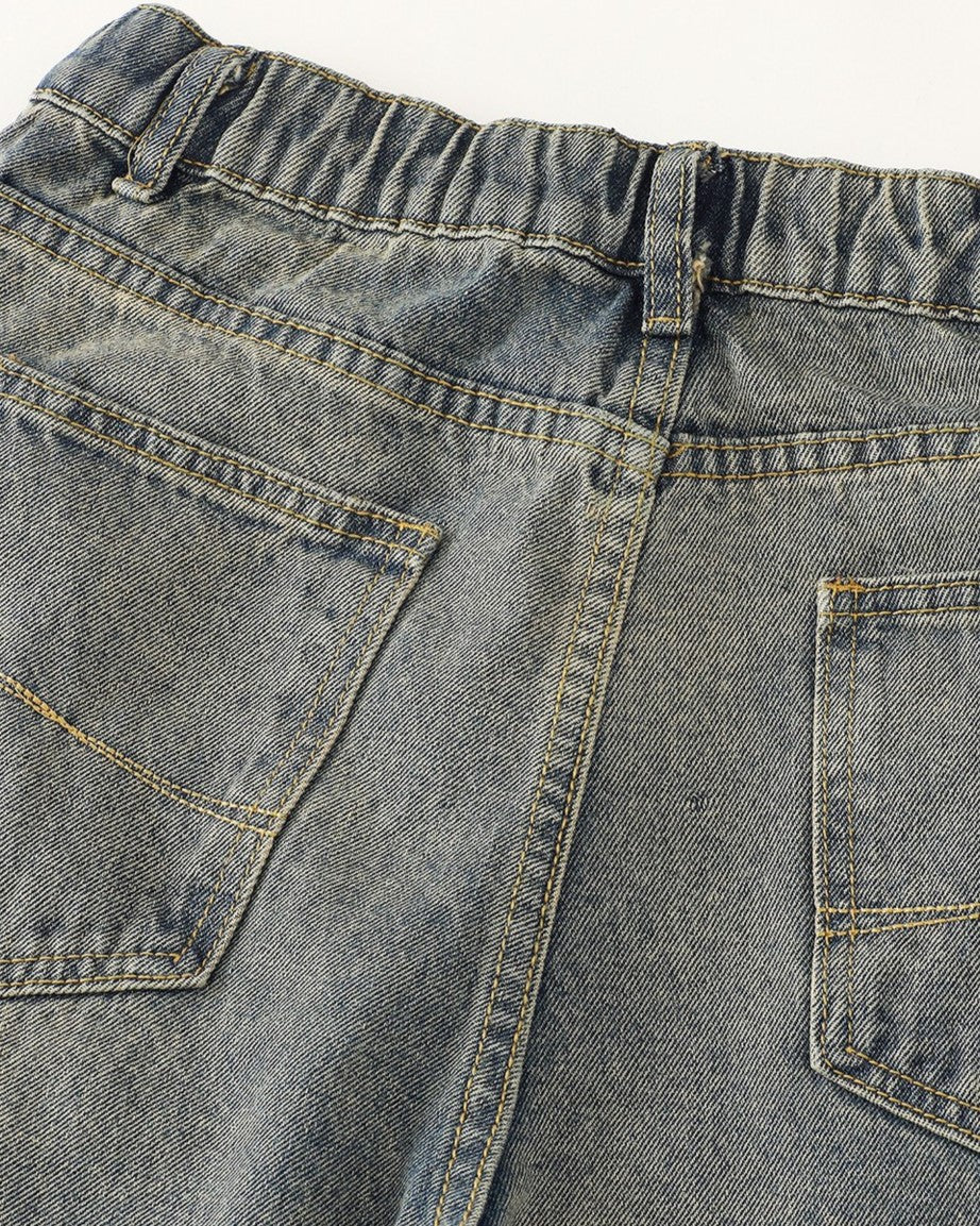 Washed distressed cartoon denim trousers