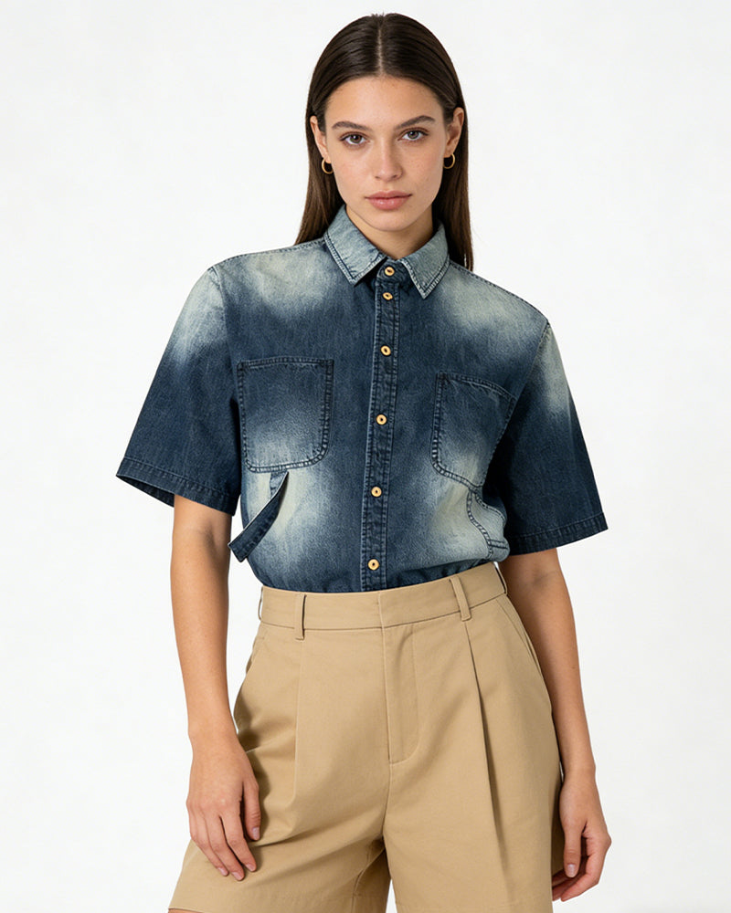 Washed, Distressed Short-Sleeve Shirt