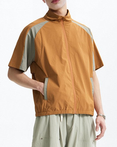Stand collar colorblock short sleeve jacket