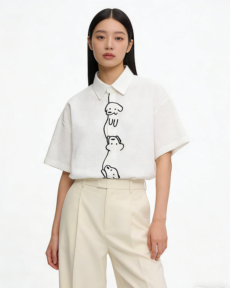 Casual Line-Art Dog Short-Sleeve Shirt