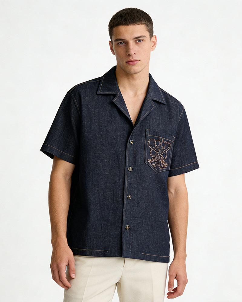 Embroidered Short-Sleeve Denim Shirt