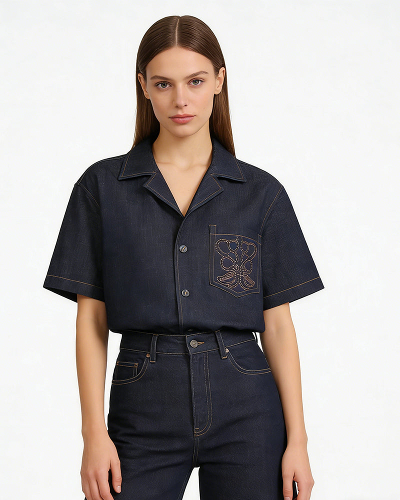 Embroidered Short-Sleeve Denim Shirt