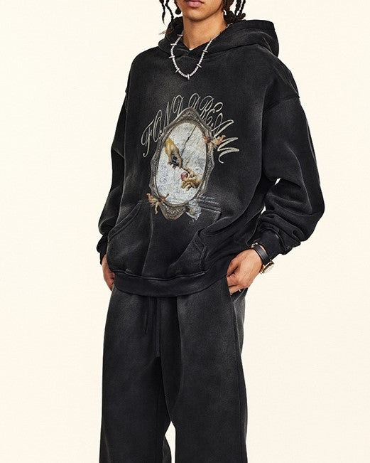 ダメージ加工のフード付きスウェットシャツ