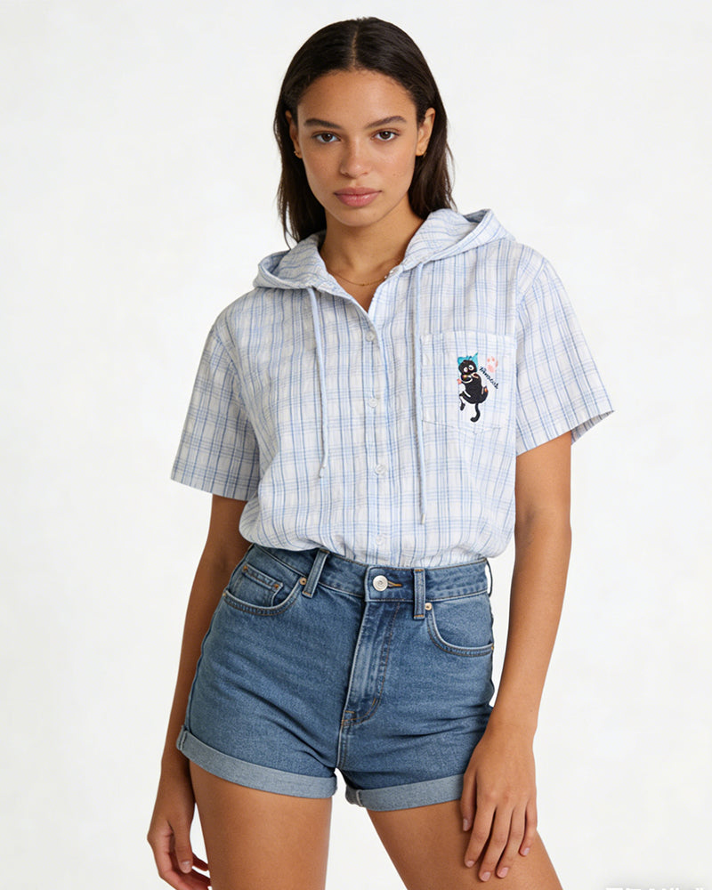 Plaid Short-Sleeve Hooded Shirt