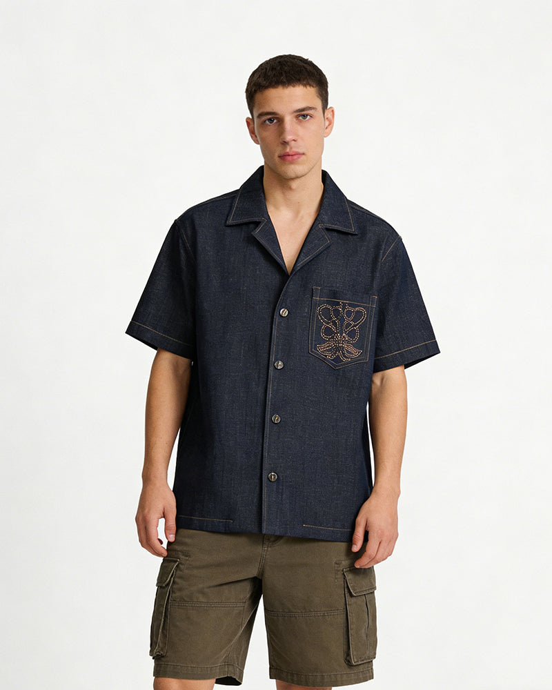 Embroidered Short-Sleeve Denim Shirt